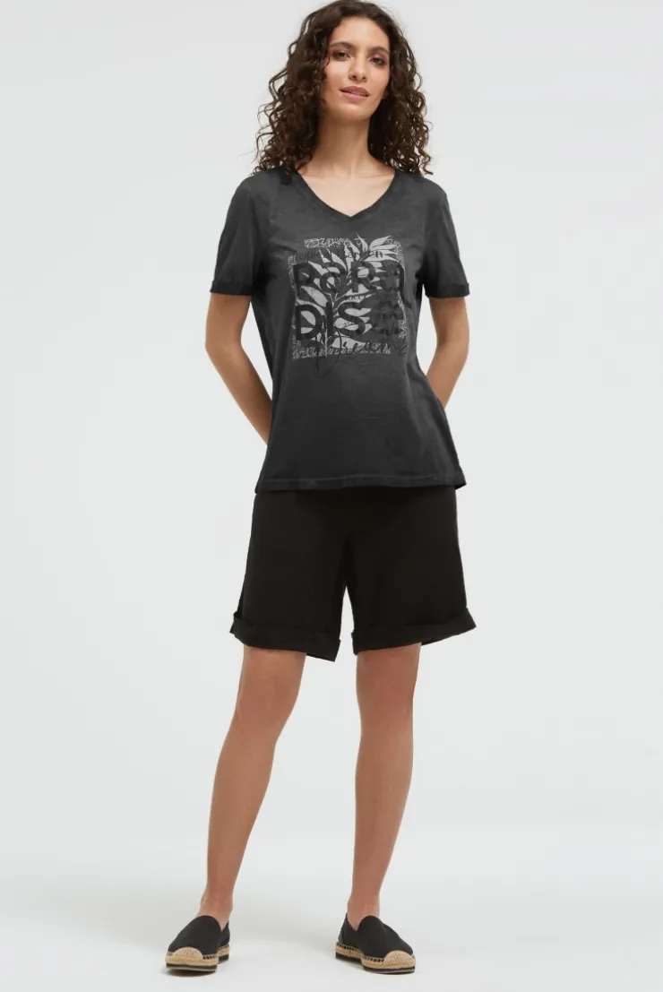 T-Shirt mit V-Ausschnitt und Glitter-Puffprint black