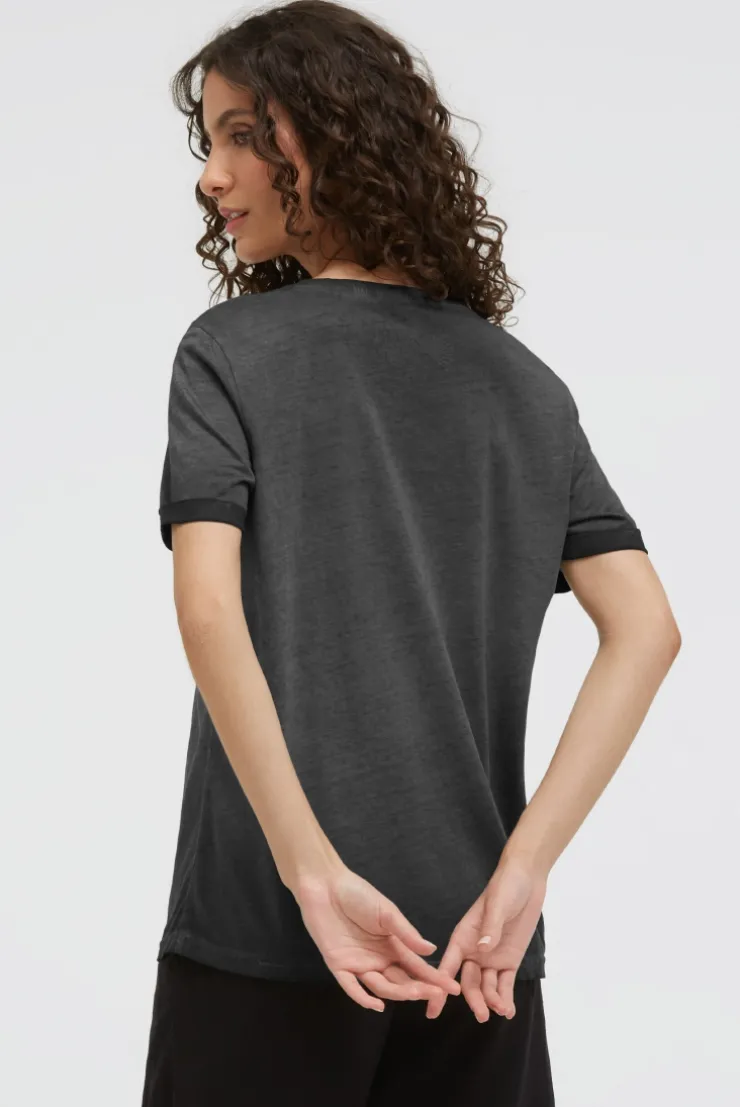 T-Shirt mit V-Ausschnitt und Glitter-Puffprint black