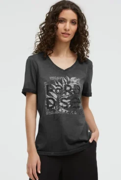 T-Shirt mit V-Ausschnitt und Glitter-Puffprint black