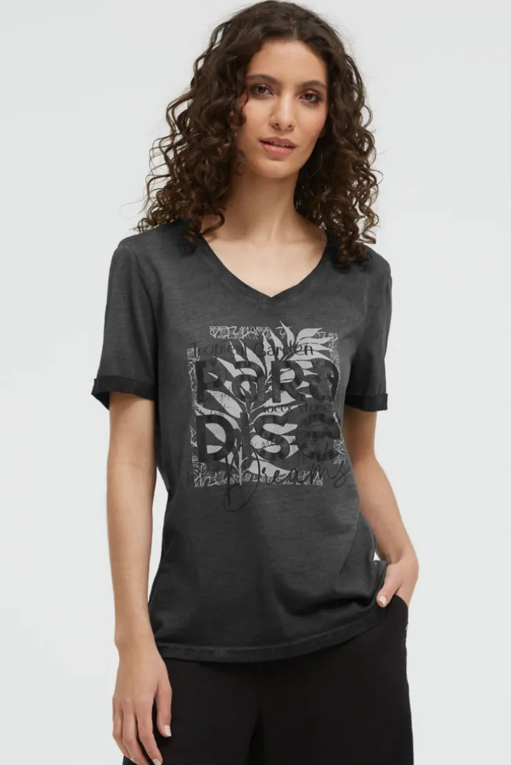 T-Shirt mit V-Ausschnitt und Glitter-Puffprint black