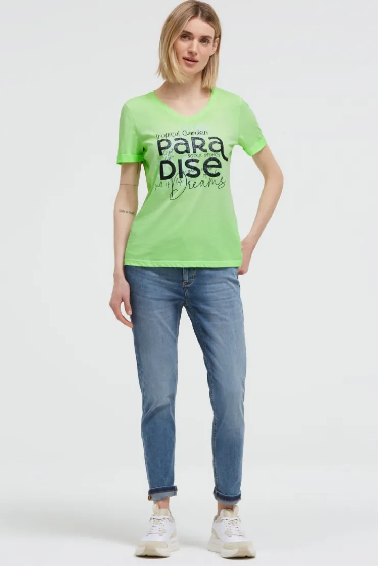 T-Shirt mit V-Ausschnitt und Glitter-Puffprint neon green