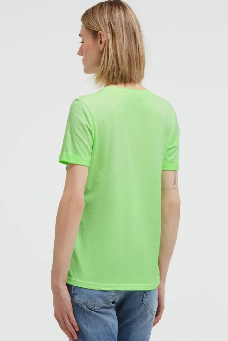 T-Shirt mit V-Ausschnitt und Glitter-Puffprint neon green