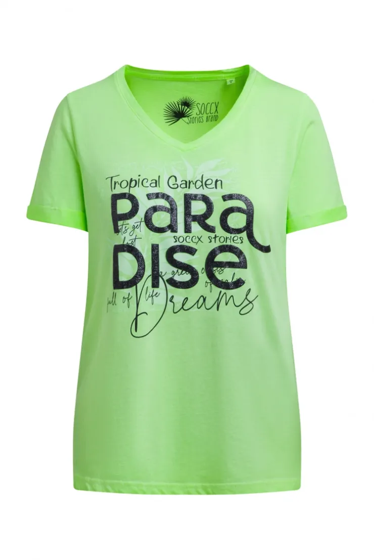 T-Shirt mit V-Ausschnitt und Glitter-Puffprint neon green