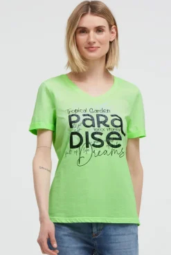 T-Shirt mit V-Ausschnitt und Glitter-Puffprint neon green