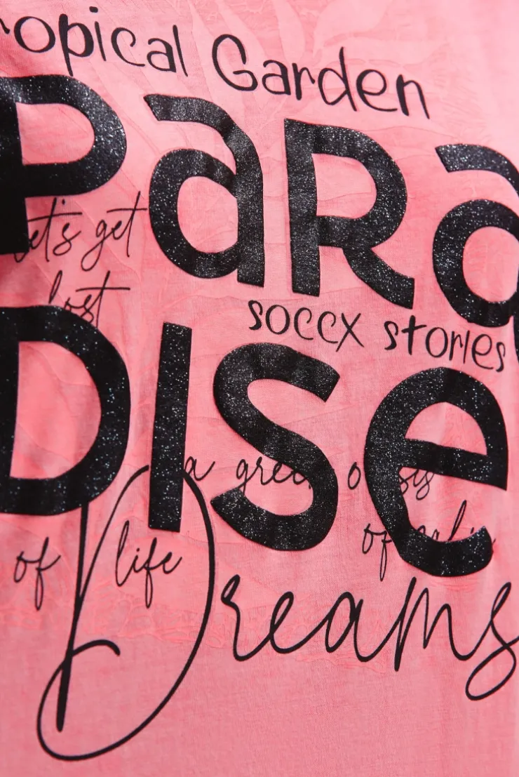 T-Shirt mit V-Ausschnitt und Glitter-Puffprint neon flame