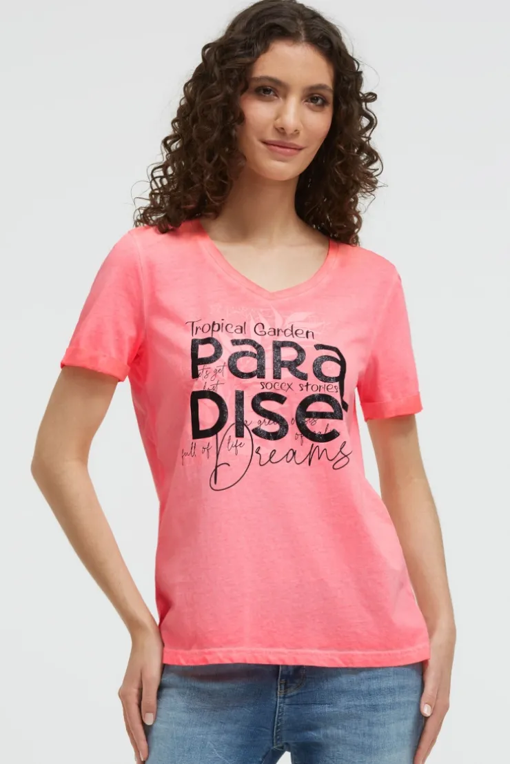 T-Shirt mit V-Ausschnitt und Glitter-Puffprint neon flame