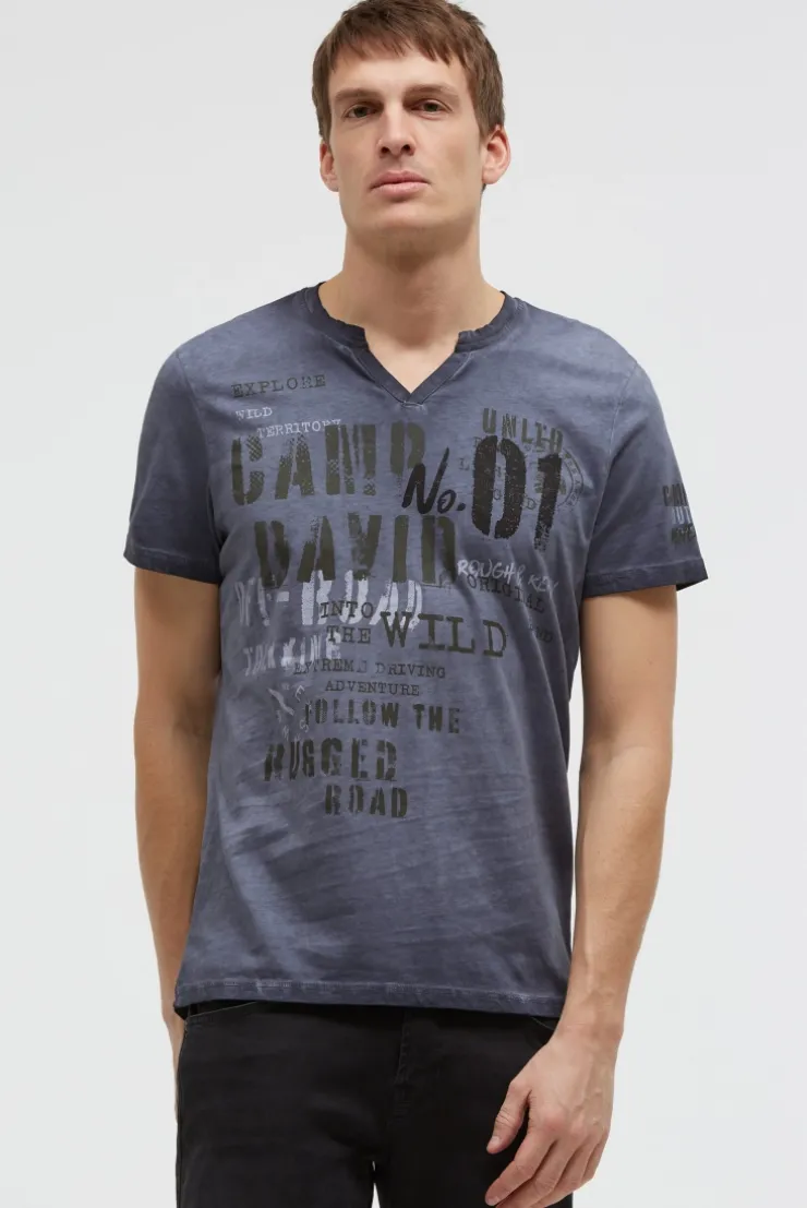 T-Shirt mit V-Cut und Used Print blue grey