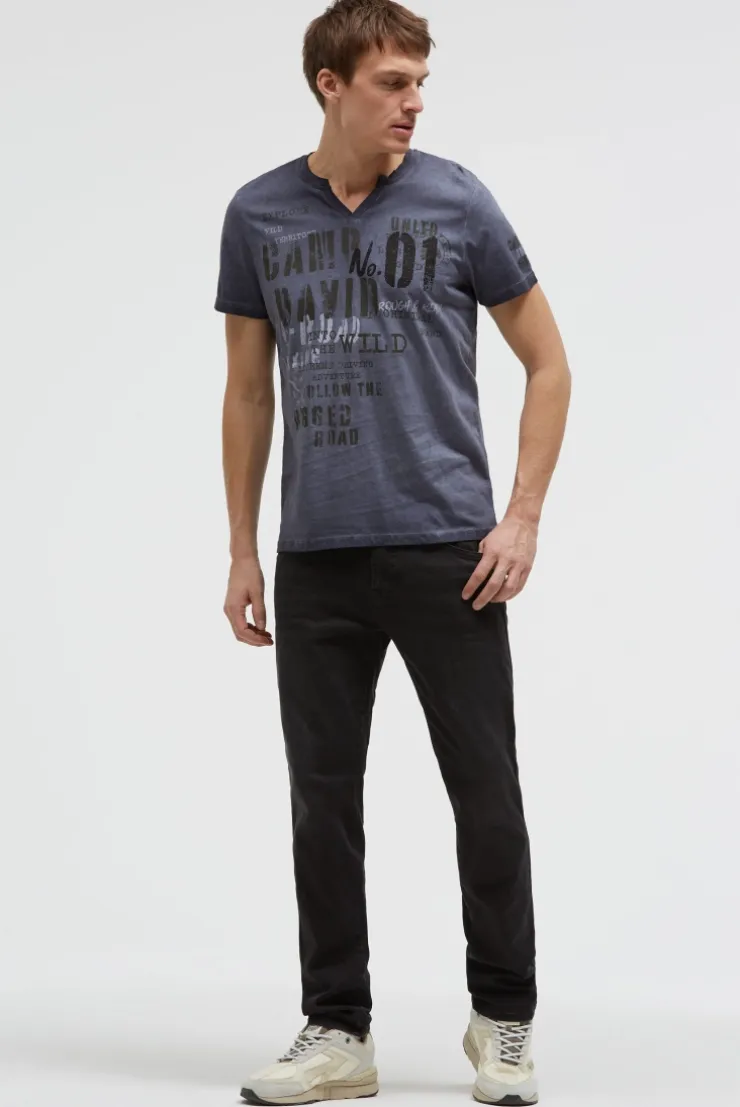 T-Shirt mit V-Cut und Used Print blue grey