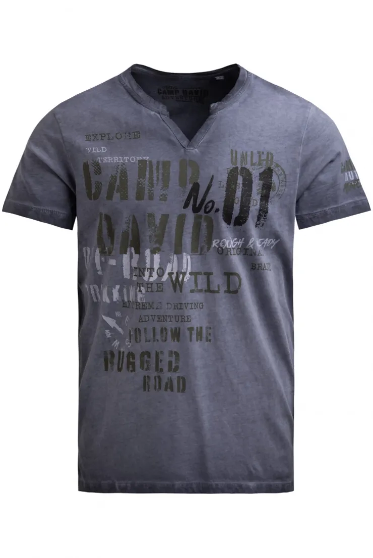 T-Shirt mit V-Cut und Used Print blue grey