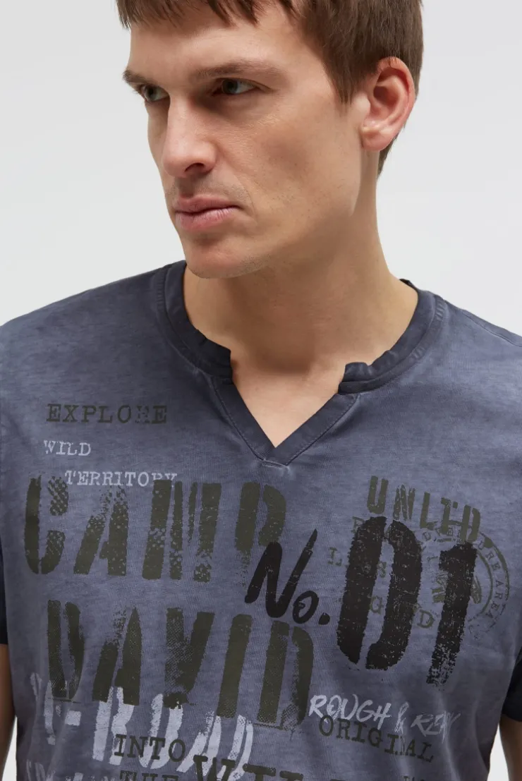T-Shirt mit V-Cut und Used Print blue grey