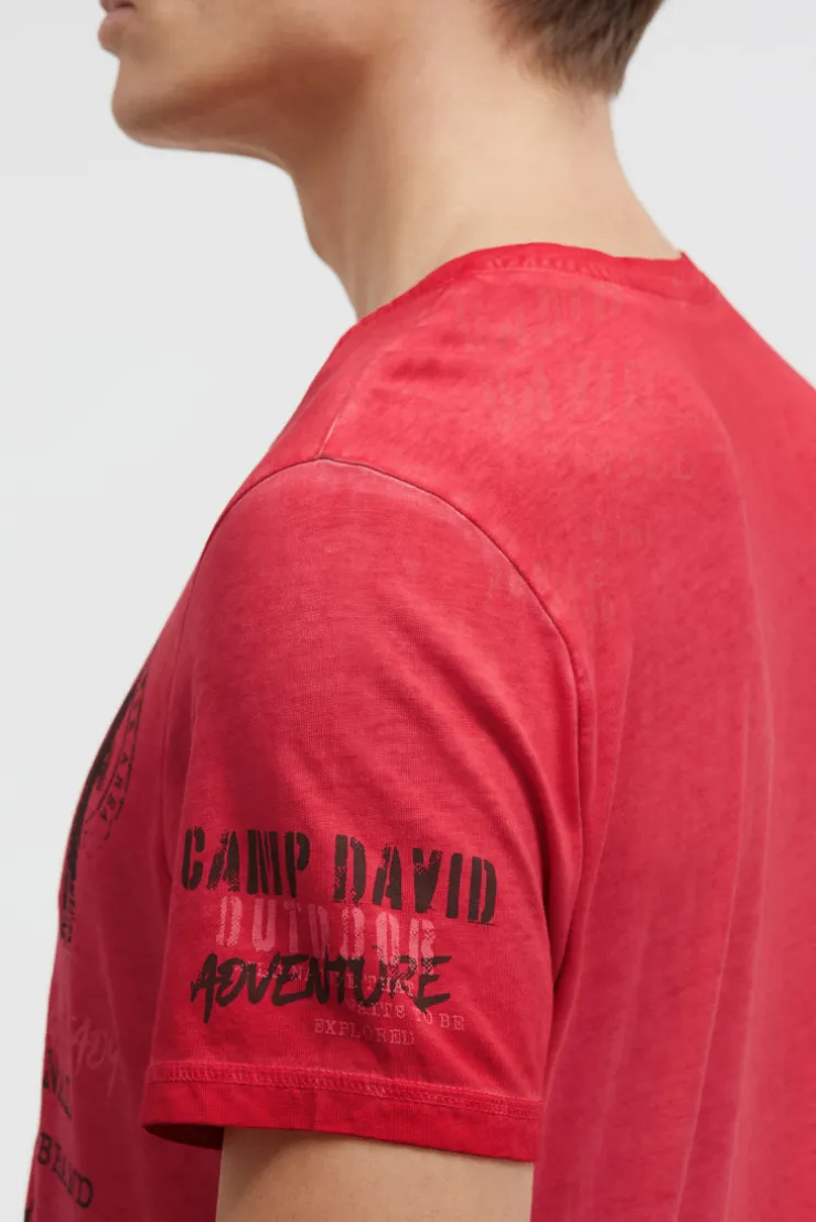 T-Shirt mit V-Cut und Used Print red orange