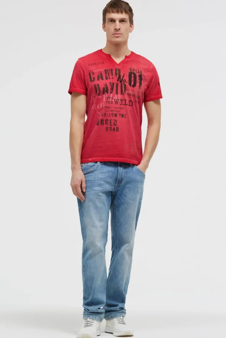 T-Shirt mit V-Cut und Used Print red orange