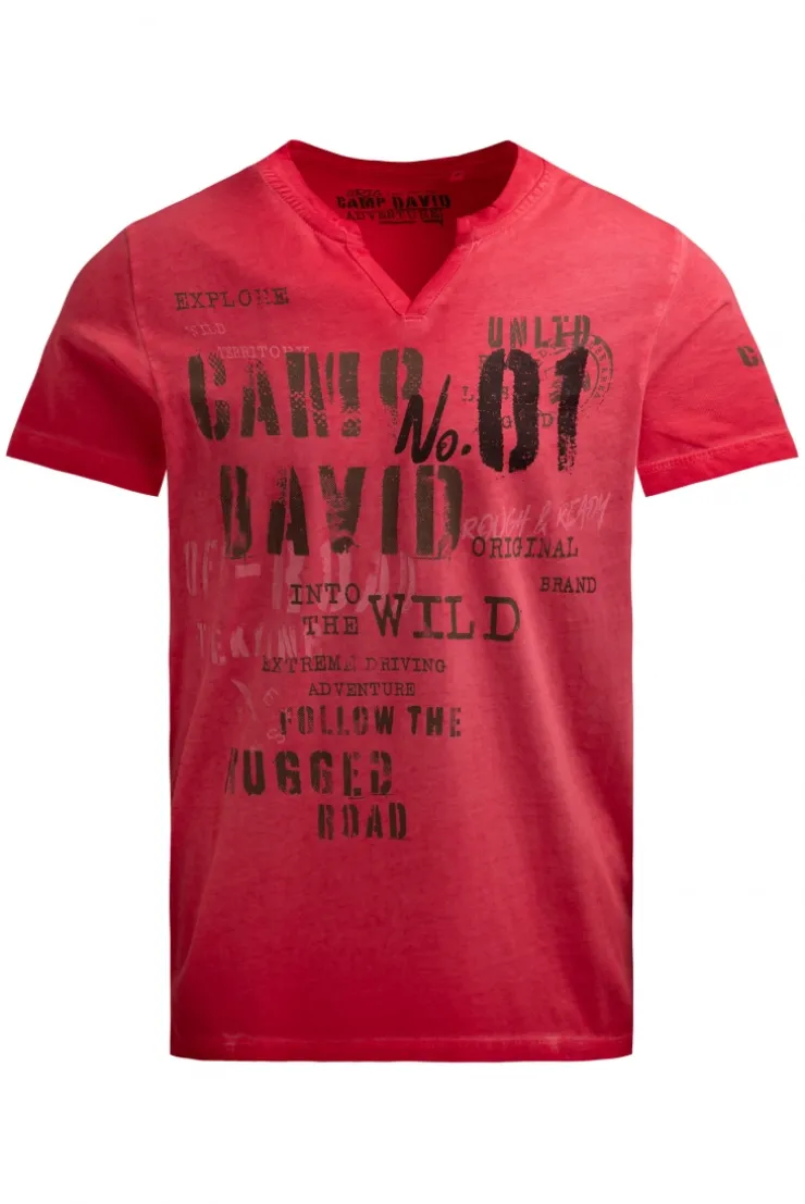 T-Shirt mit V-Cut und Used Print red orange