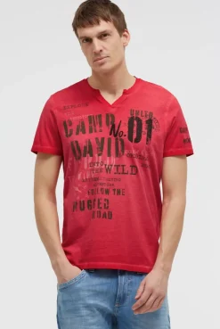 T-Shirt mit V-Cut und Used Print red orange