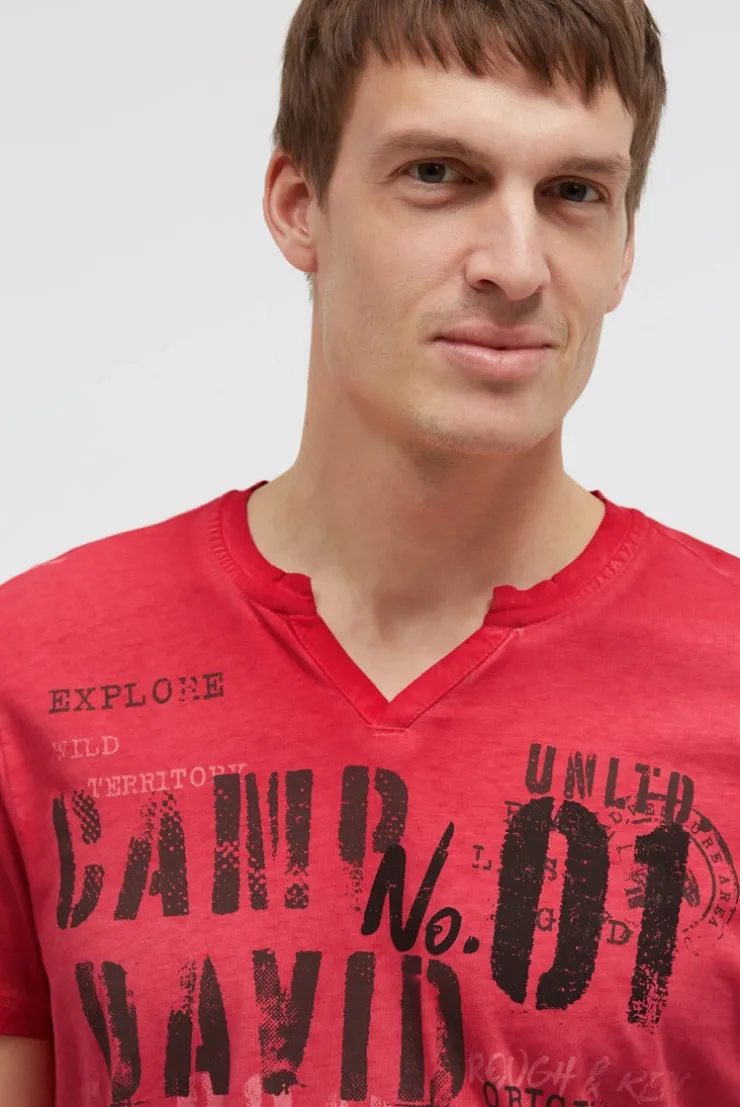 T-Shirt mit V-Cut und Used Print red orange