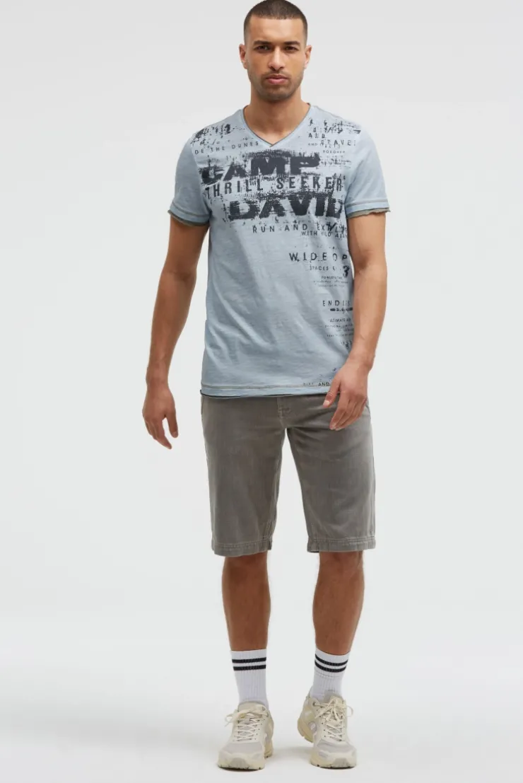 T-Shirt mit V-Neck im Vintage Look silver blue | S