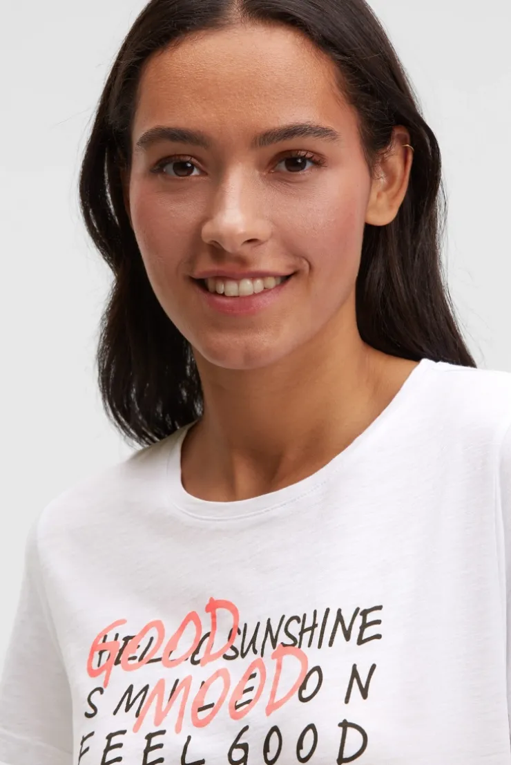 T-Shirt mit Wording Print und Elastiksaum opticwhite