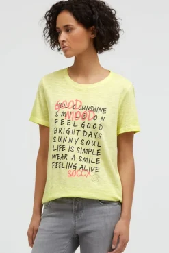 T-Shirt mit Wording Print und Elastiksaum vivid lemon