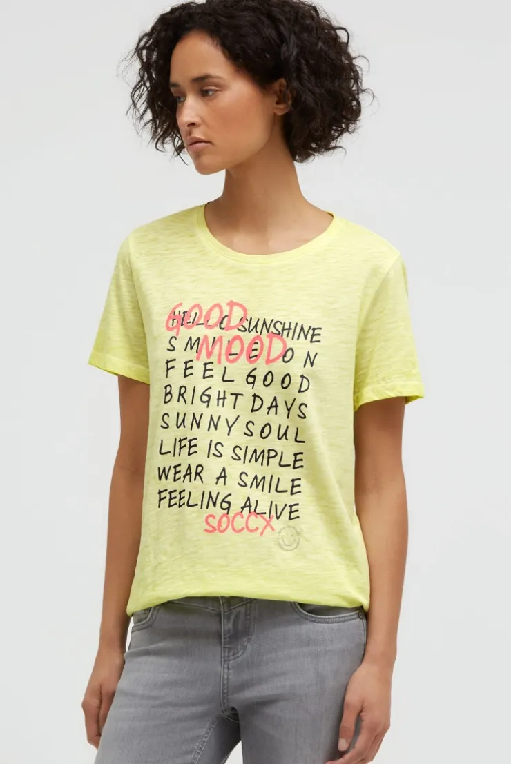 T-Shirt mit Wording Print und Elastiksaum vivid lemon