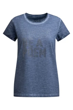 T-Shirt Oil Dyed mit Wording aus Schmucksteinen soft azure