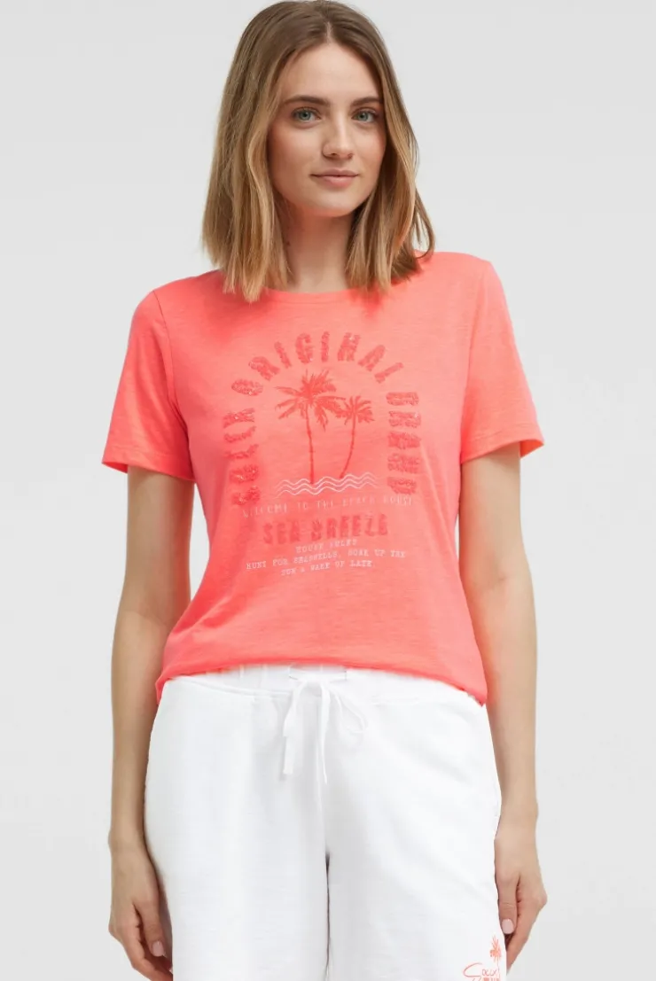 T-Shirt Rundhals mit Artwork neon coral