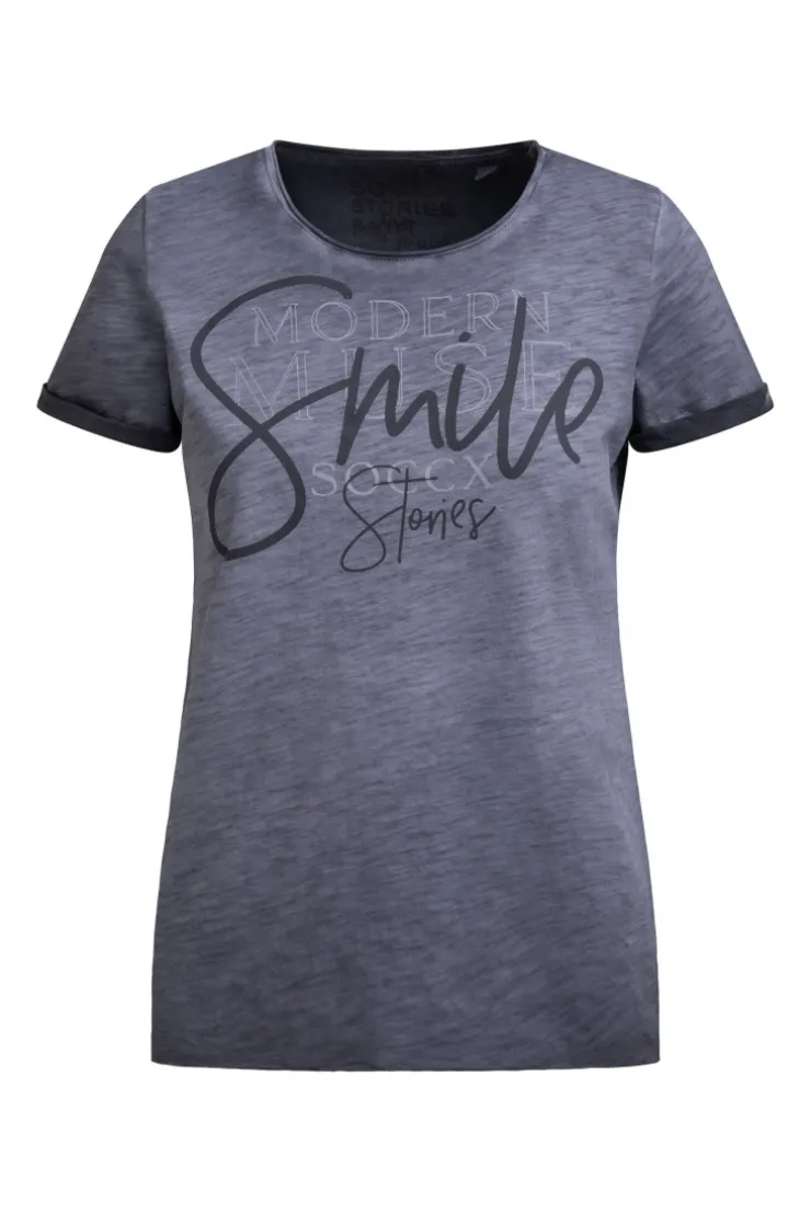 T-Shirt Rundhals mit Artwork und Used Look blue grey