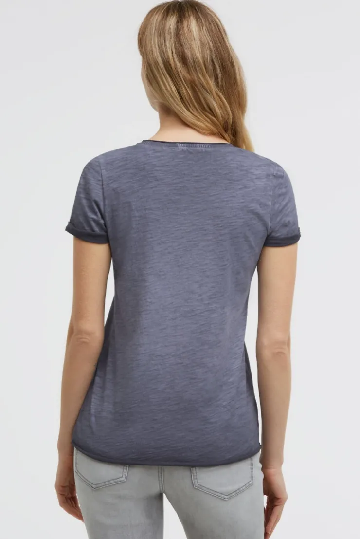 T-Shirt Rundhals mit Artwork und Used Look blue grey