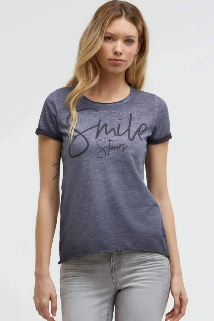 T-Shirt Rundhals mit Artwork und Used Look blue grey