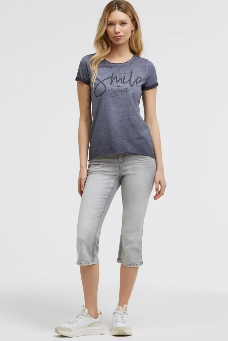 T-Shirt Rundhals mit Artwork und Used Look blue grey