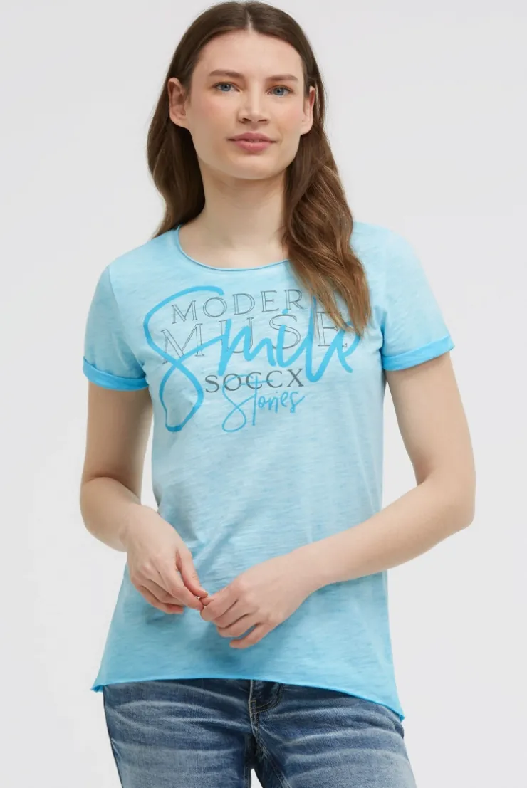T-Shirt Rundhals mit Artwork und Used Look summer aqua