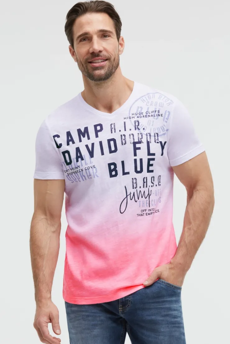 T-Shirt V-Neck Dip Dye mit Prints neon pink
