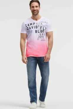 T-Shirt V-Neck Dip Dye mit Prints neon pink