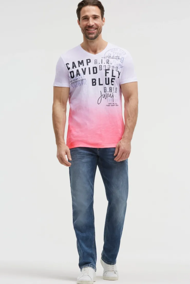 T-Shirt V-Neck Dip Dye mit Prints neon pink