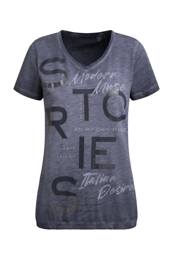 T-Shirt V-Neck mit Folienprint und Elastiksaum blue grey