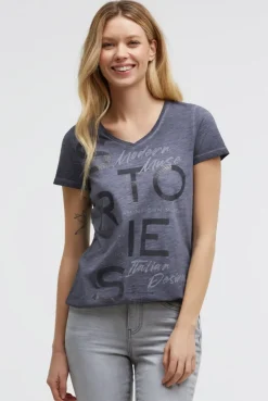 T-Shirt V-Neck mit Folienprint und Elastiksaum blue grey