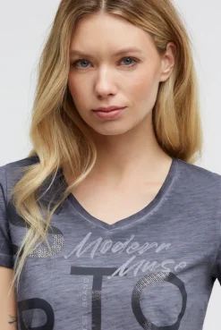 T-Shirt V-Neck mit Folienprint und Elastiksaum blue grey