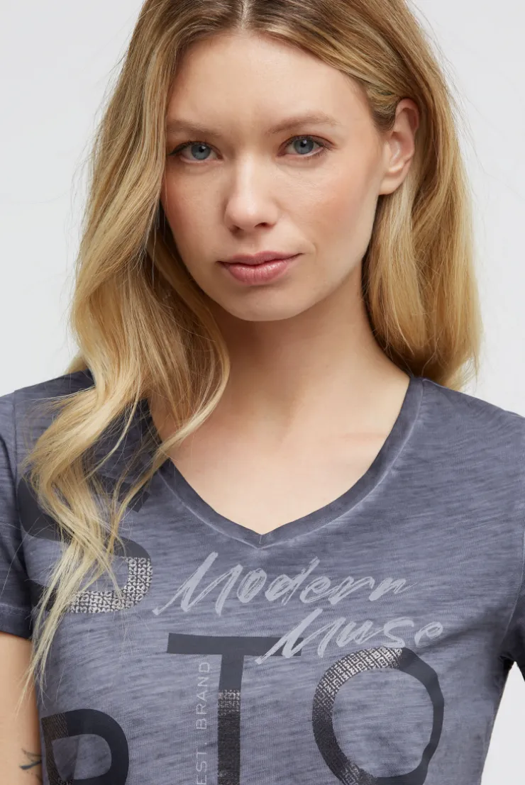T-Shirt V-Neck mit Folienprint und Elastiksaum blue grey