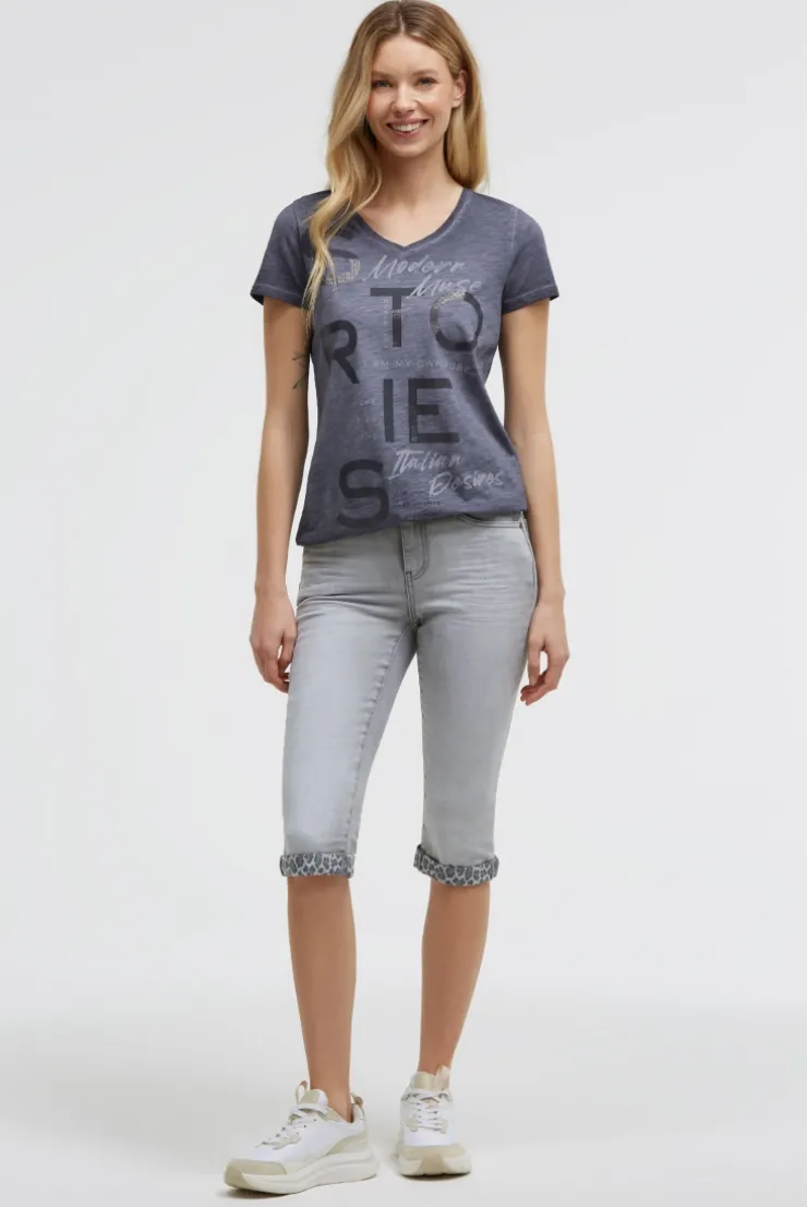 T-Shirt V-Neck mit Folienprint und Elastiksaum blue grey