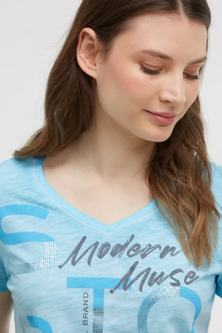T-Shirt V-Neck mit Folienprint und Elastiksaum summer aqua