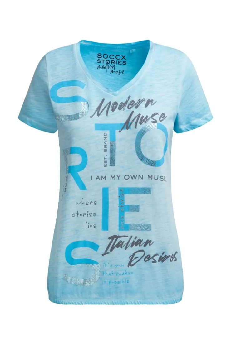 T-Shirt V-Neck mit Folienprint und Elastiksaum summer aqua