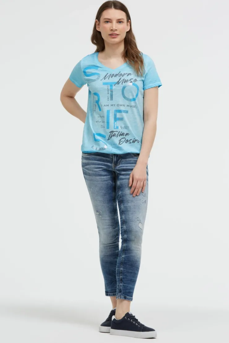 T-Shirt V-Neck mit Folienprint und Elastiksaum summer aqua