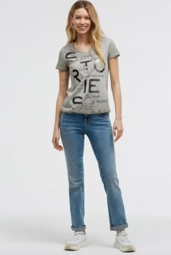 T-Shirt V-Neck mit Folienprint und Elastiksaum shadow