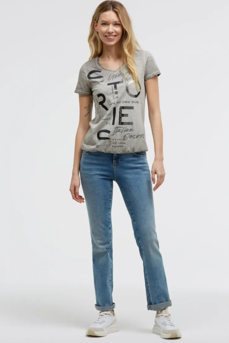 T-Shirt V-Neck mit Folienprint und Elastiksaum shadow