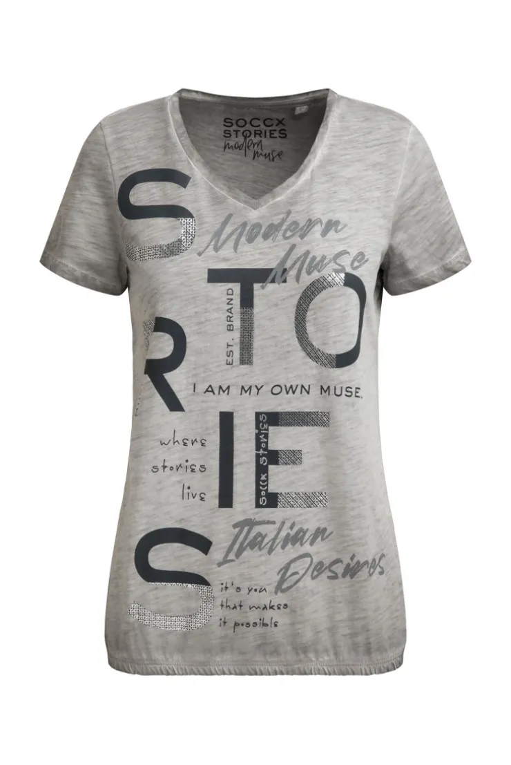 T-Shirt V-Neck mit Folienprint und Elastiksaum shadow