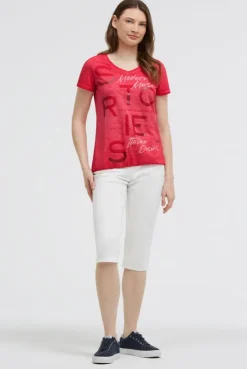 T-Shirt V-Neck mit Folienprint und Elastiksaum red orange
