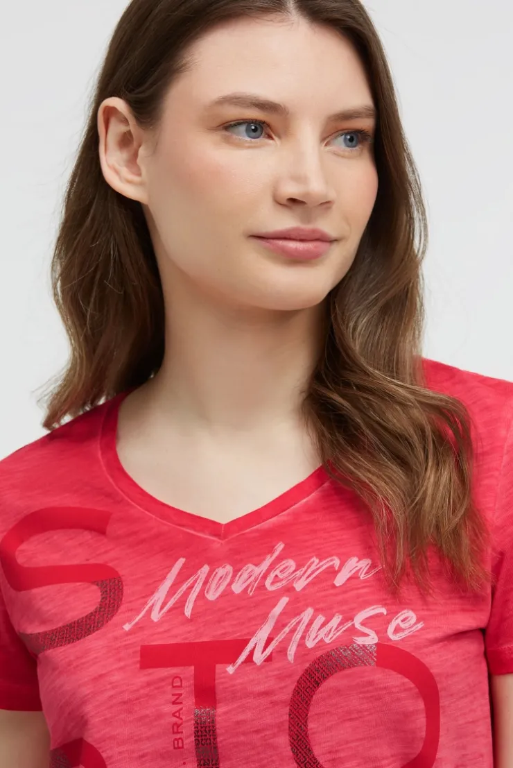 T-Shirt V-Neck mit Folienprint und Elastiksaum red orange
