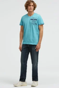 T-Shirt V-Neck mit Slub Stripes und Prints aqua