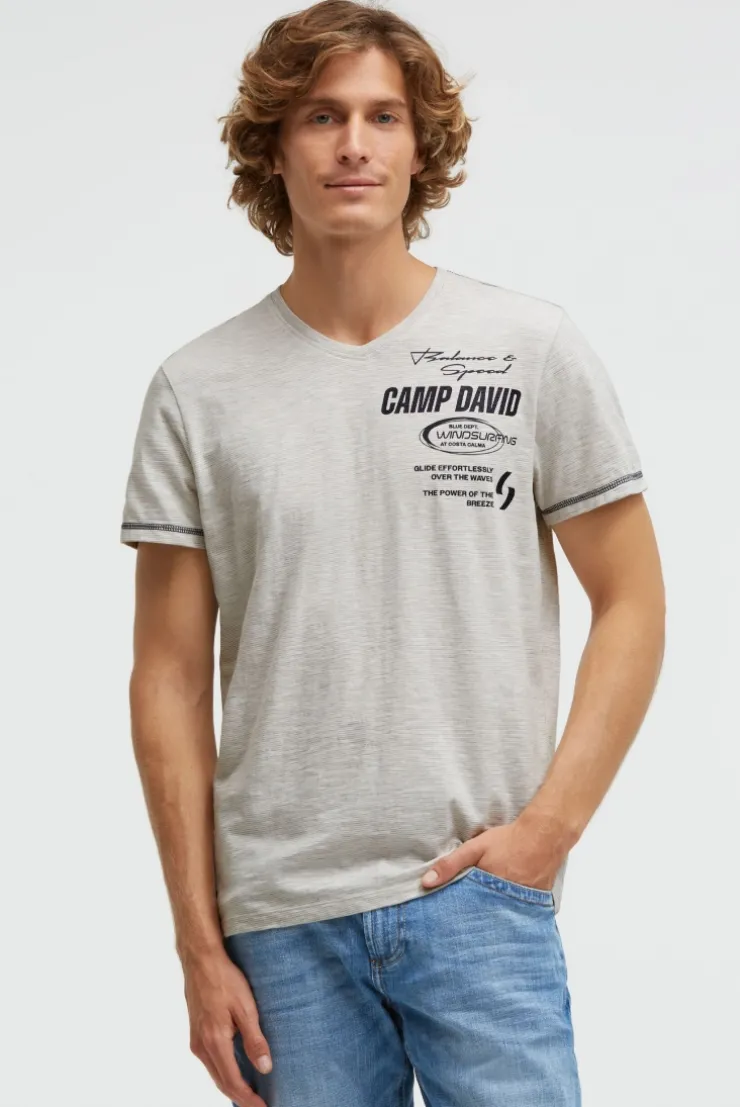 T-Shirt V-Neck mit Slub Stripes und Prints ivory