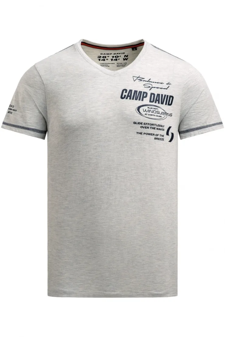 T-Shirt V-Neck mit Slub Stripes und Prints ivory