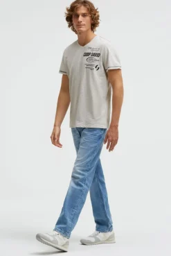 T-Shirt V-Neck mit Slub Stripes und Prints ivory